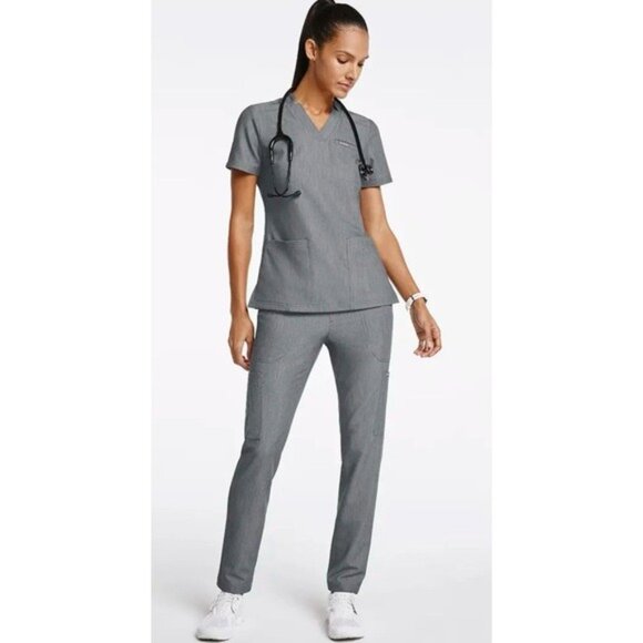 [SET] NWT Jaanuu 3-Pocket Scrub Top S Heathered Grey Slim 8 Pocket Cargo Pant XS - Picture 2 of 14